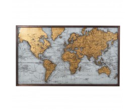 Vintage závěsný nástěnný obdélníkový obraz World Map se žlutou mapou světa na modrém podkladu s hnědým dřevěným rámem a sklem