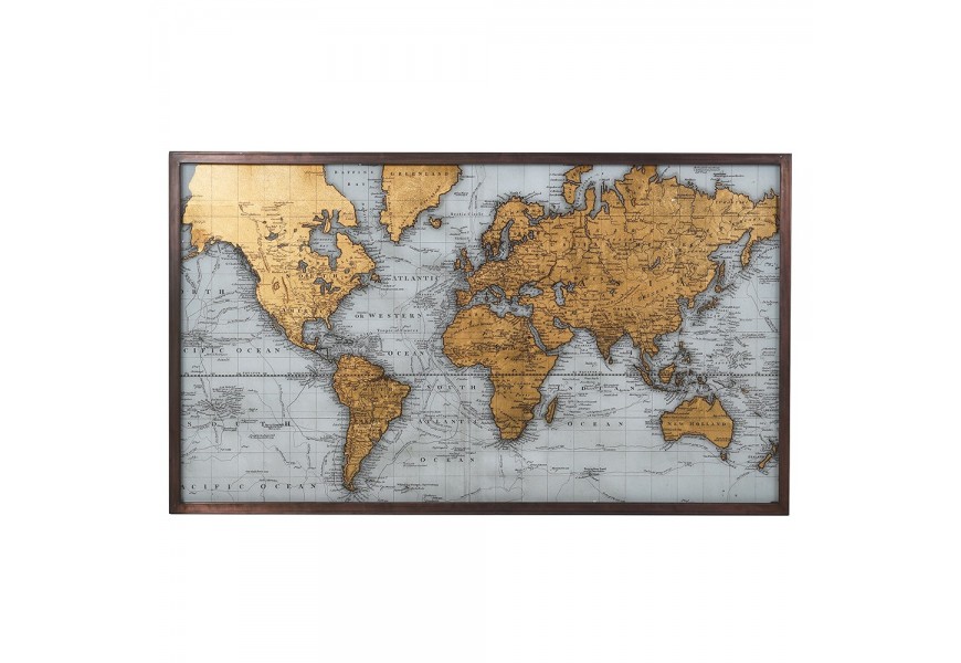 Vintage závěsný nástěnný obdélníkový obraz World Map se žlutou mapou světa na modrém podkladu s hnědým dřevěným rámem a sklem
