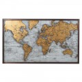 Vintage závěsný nástěnný obdélníkový obraz World Map se žlutou mapou světa na modrém podkladu s hnědým dřevěným rámem a sklem