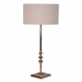 Vintage stolní lampa Aureum ze zlato zbarvené kovové podstavy se strukturovanými výběžky a béžovým lněným válcovým stínítkem