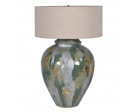 Moderná noční lampa Aurora s kovovou oblou nohou ve tvaru vázy v zeleno-stříbrné a žluté barevné kombinaci s béžovým válcovým lněným stínítkem
