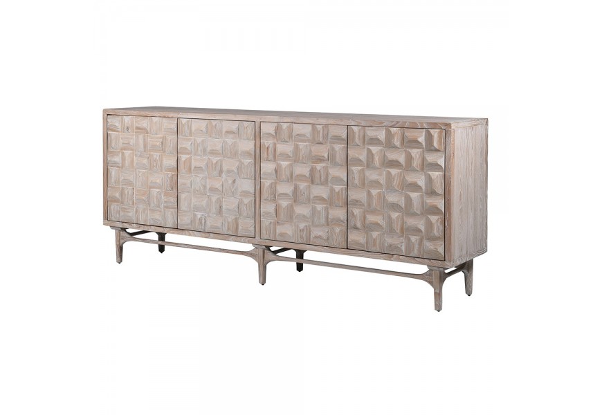 Luxusní art deco příborník Cubaro z masivního dřeva se čtyřmi dvířky a 3D reliéfním vzorem 210 cm