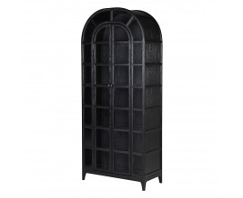 Luxusní art deco černá knihovna Arc Noir z masivního dubového dřeva s polobloukovým vrchem a prosklenými dvířky 219 cm