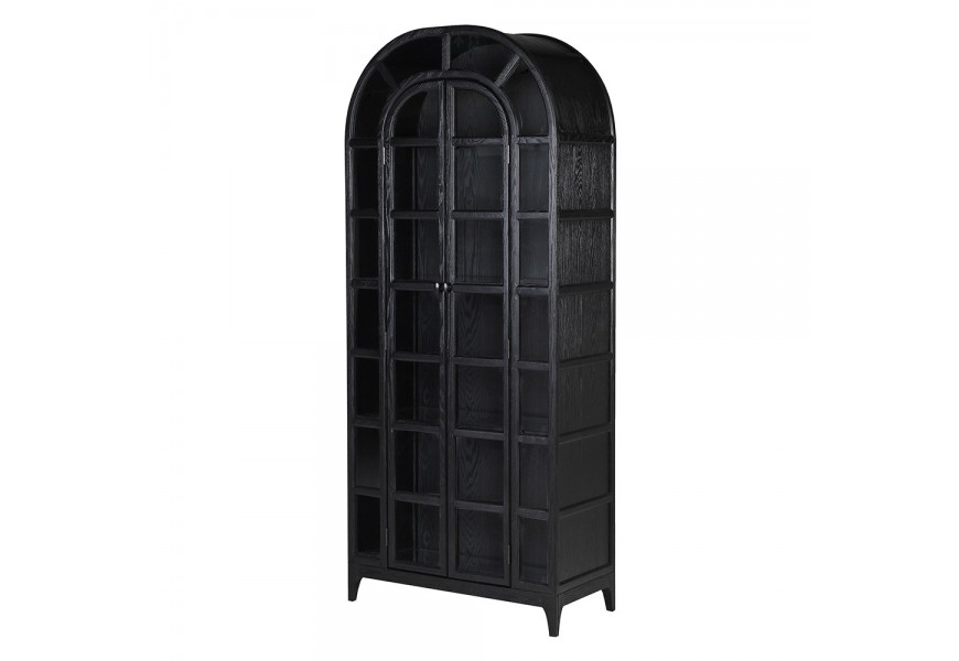 Luxusní art deco knihovna Arc Noir v černém dubovém provedení s polobloukovým vrchem s dvoudveřovou konstrukcí se skleněnými policemi a geometrickým členěním rámů na dvířkách
