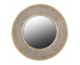 Luxusní art deco nástěnné závěsné zrcadlo Solaria v kulatém tvaru s masivním rámem s ratanovým očkovým vzorem a se zlatým kovovým lemem