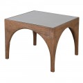 Designový art deco masivní konferenční stolek Loras hnědé barvy s geometrickýma nohama hnědé barvy se skleněnou deskou a dekorativním výpletem
