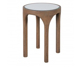 Designový art deco příruční stolek Loras s kruhovou zakalenou skleněnou deskou a masivní hnědou konstrukcí s geometrickými nohama