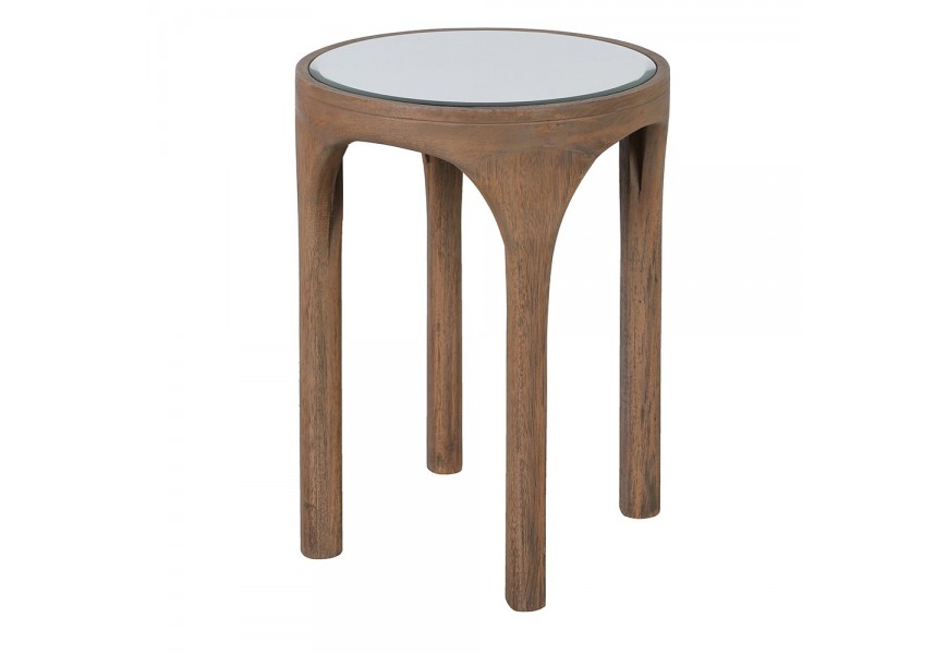 Designový art deco příruční stolek Loras s kruhovou zakalenou skleněnou deskou a masivní hnědou konstrukcí s geometrickými nohama
