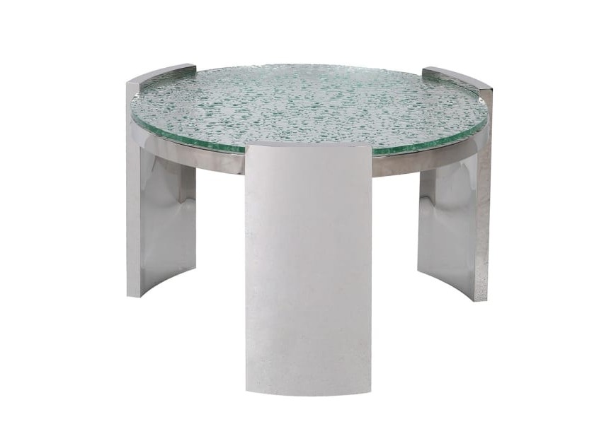 Luxusní glamour příruční stolek Auron s kulatou skleněnou deskou z tvrzeného skla s bublinkovým efektem a třemi robustními chromovými nožičkami kopírujícími tvar desky