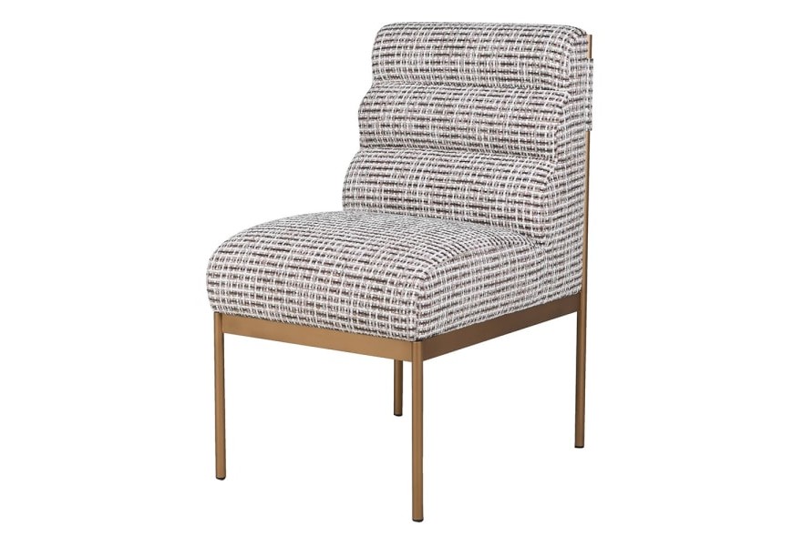 Luxusní glamour jídelní židle Celestia s hnědo-bílým potahem s prošívanou opěrkou a zlatou kovovou konstrukcí 88 cm