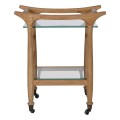 Designový servírovací vozík Arbor z masivního dubového hnědého dřeva se dvěma skleněnými policemi na kolečkách 70 cm