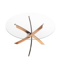 Luxusní glamour kulatý jídelní stůl Forma Moderna z tvrzeného skla s ocelovou překříženou zlato růžovou nohou 130 cm
