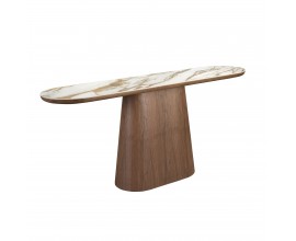 Luxusní moderní oválný konzolový stolek Vita Naturale deskou s bílým mramorovým designem a ořechovou hnědou podstavou 180 cm