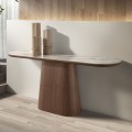 Luxusní moderní oválný konzolový stolek Vita Naturale deskou s bílým mramorovým designem a ořechovou hnědou podstavou 180 cm