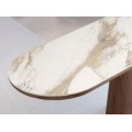 Luxusní moderní oválný konzolový stolek Vita Naturale deskou s bílým mramorovým designem a ořechovou hnědou podstavou 180 cm