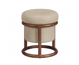 Luxusní moderní kulatá taburetka Vita Naturale v béžovým koženým potahem a hnědou designovou konstrukcí 40 cm