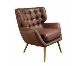 Luxusní moderní křeslo Sayron s tmavým hnědým potahem z pravé kůže s chesterfield prošíváním a zlatýma nohama 85 cm