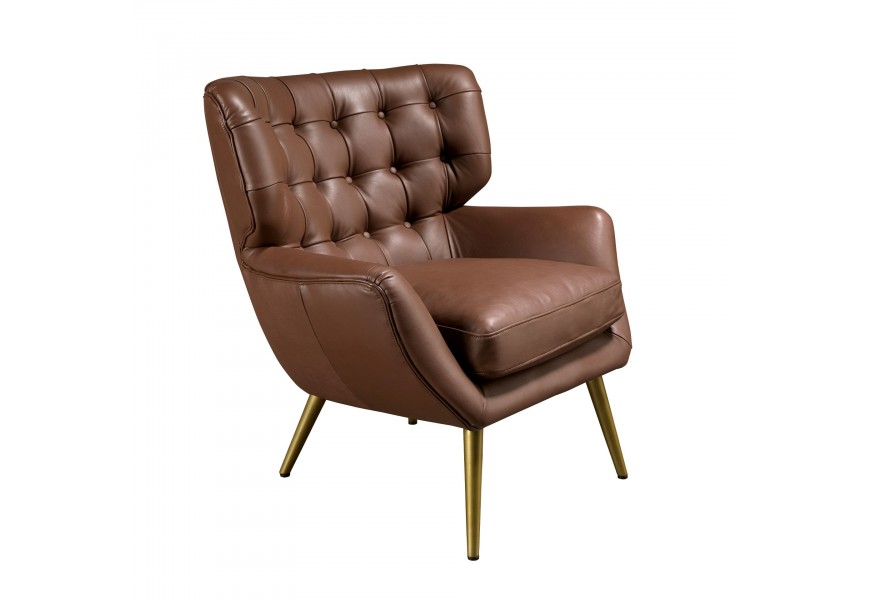 Luxusní art deco kožené hnědé křeslo Sayron se zádovou opěrkou s prošíváním v chesterfield stylu kovovými šikmými nožičkami v lesklém zlatém provedení