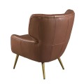 Luxusní moderní křeslo Sayron s tmavým hnědým potahem z pravé kůže s chesterfield prošíváním a zlatýma nohama 85 cm