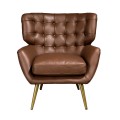Luxusní moderní křeslo Sayron s tmavým hnědým potahem z pravé kůže s chesterfield prošíváním a zlatýma nohama 85 cm