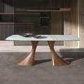 Luxusní moderní porcelánový jídelní stůl Vita Naturale s mramorovým vzorem se dvěma designovými nohami z hnědého dřeva 200 cm