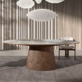 Luxusný moderný biely porcelánový oválny jedálenský stôl Vita Naturale s mramorovým vzorom s nohou z hnedého dreva 220 cm