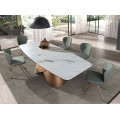 Luxusní glamour bílý obdélníkový jídelní stůl Forma Moderna z porcelánu s mramorovým vzorem s bronzovou nohou 240 cm