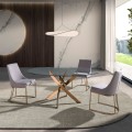 Luxusní glamour kulatý jídelní stůl Forma Moderna z tvrzeného skla s ocelovou překříženou zlato růžovou nohou 130 cm