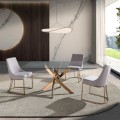 Luxusní glamour obdélníkový jídelní stůl Forma Moderna z tvrzeného skla s ocelovou atypickou nohou ve zlaté barvě 160 cm