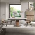 Luxusní oválný rozkládací mramorový jídelní stůl Vita Naturale s bílou porcelánovou deskou a masivní hnědou nohou 200 cm