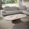 Luxusní oválný moderní konferenční stolek Vita Naturale s bílou mramorovou deskou a dřevěnou hnědou nohou 160 cm