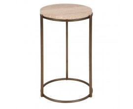 Glamour kulatý příruční stolek Cel s béžovou travertinovou deskou a zlato-bronzovou kovovou konstrukcí 52 cm
