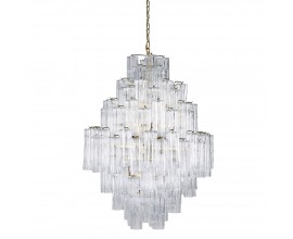 Luxusní designový skleněný víceúrovňový lustr Ayva s průhledným stínítkem z trubiček a konstrukcí z kovu ve zlaté barvě se závěsným řetězem