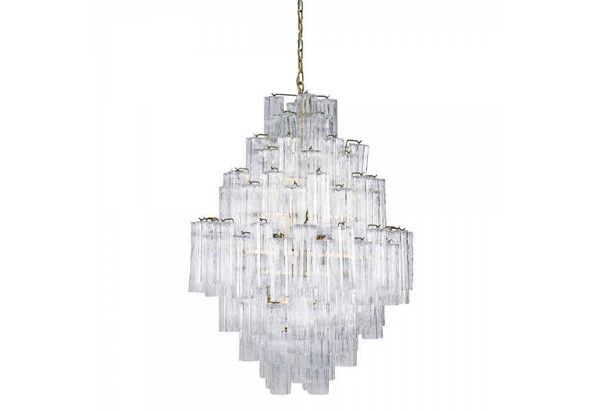 Luxusní designový skleněný víceúrovňový lustr Ayva s průhledným stínítkem z trubiček a konstrukcí z kovu ve zlaté barvě se závěsným řetězem Luxusní designový skleněný víceúrovňový lustr Ayva s průhledným stínítkem z trubiček a konstrukcí z kovu ve zlaté barvě se závěsným řetězem