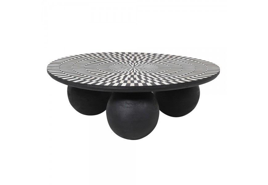 Luxusní art deco černo bílý kulatý stolek Siciliano mangového dřeva s kostovou intarzií a třemi kulatýma nohama s paprskovým vzorem