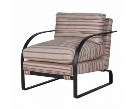 Luxusní retro čalouněné hnědé křeslo Artero s kovovou konstrukcí a pruhovaným potahem z juty a bavlny 86 cm