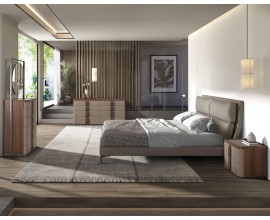 Luxusní moderní sestava nábytku do ložnice Charmoin s ořechovým hnědým dřevem a béžově kůží