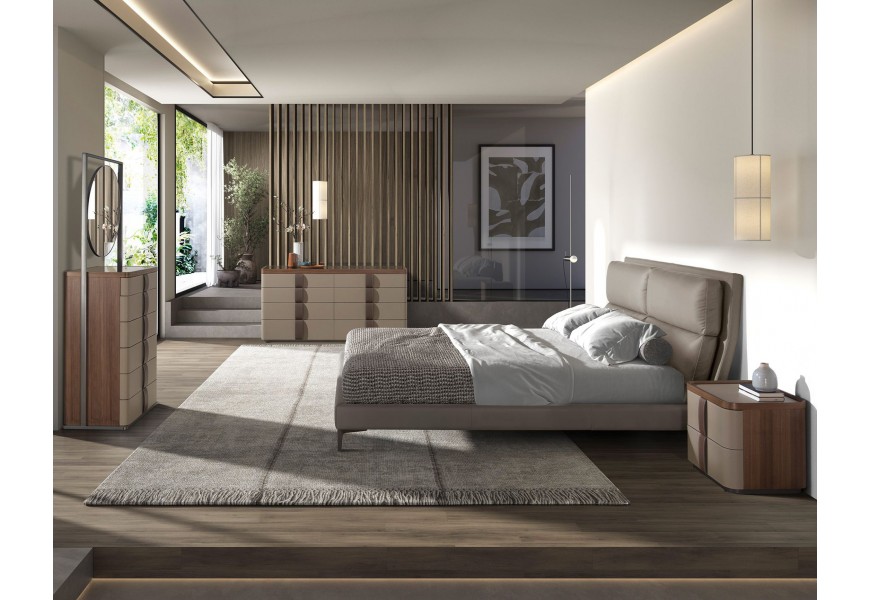 Luxusní moderní sestava nábytku do ložnice Charmoin s ořechovým hnědým dřevem a béžově kůží