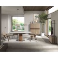 Luxusní moderní jídelní sestava Vita Naturale s jídelním stolem s bílou mramorovou deskou se židlemi a barovou skříňkou a věšákem s potahem z kůže v béžové barvě z hnědého ořechového dřeva