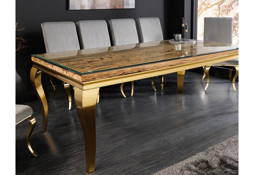 Moderní glamour barokní jídelní sestava nábytku židlí s šedým sametovým čalouněním a stolem se skleněnou deskou a kabriolovými nožičkami ve zlaté barvě