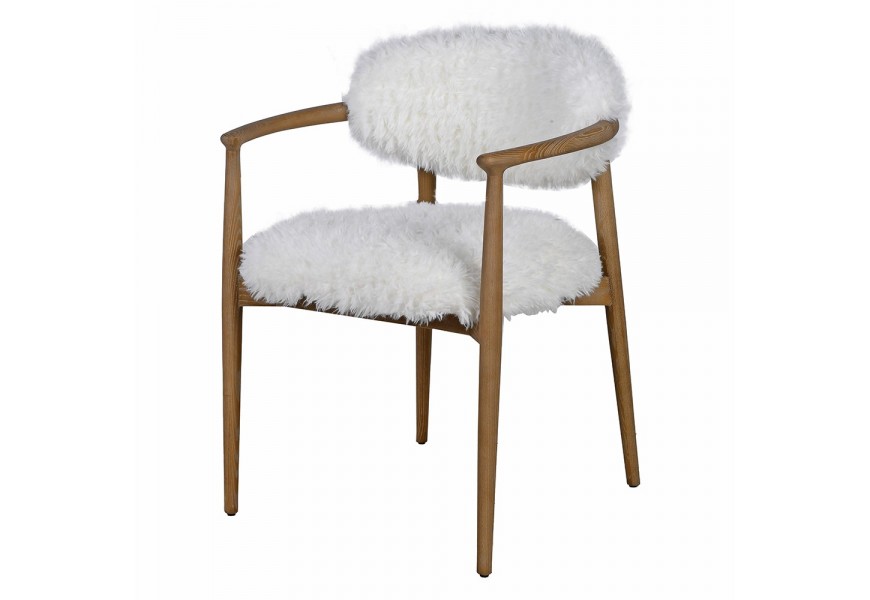 Retro jídelní židle Cozy s bílým kožešinovým potahem a jasanovou hnědou konstrukcí 80 cm