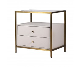 Luxusní art deco krémový noční stolek Auron se zlatou konstrukcí a skleněnou deskou se dvěma šuplíky 65 cm