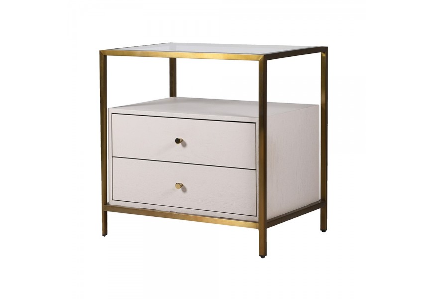 Luxusní art deco krémový noční stolek Auron se zlatou konstrukcí a skleněnou deskou se dvěma šuplíky 65 cm