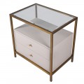 Luxusní art deco krémový noční stolek Auron se zlatou konstrukcí a skleněnou deskou se dvěma šuplíky 65 cm