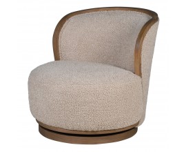 Luxusní retro otočné křeslo Cozy s béžovým teddy potahem a hnědou dřevěnou podstavou s oblou opěrkou ve tvaru U bez bočních opěrek