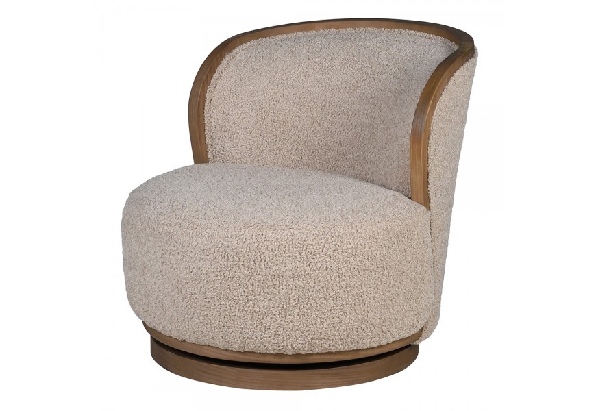Luxusní retro otočné křeslo Cozy s béžovým teddy potahem a hnědou dřevěnou podstavou s oblou opěrkou ve tvaru U bez bočních opěrek