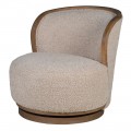 Luxusní retro otočné křeslo Cozy s béžovým teddy potahem a hnědou dřevěnou podstavou s oblou opěrkou ve tvaru U bez bočních opěrek