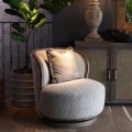 Luxusní retro otočné kulaté křeslo Cozy s béžovým teddy potahem a dřevěnou podstavou 90 cm