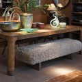 Luxusní glamour dvoumístná obdélníková lavice Cloudy s kožešinovým sedadlem v taupé hnědé barvě a dřevěnýma nohama 170 cm