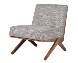 Retro křeslo Axis s n&iacute;zkou konstrukc&iacute; s &scaron;ed&yacute;m potahem z visk&oacute;zy a ořechovou hnědou dřevěnou konstrukc&iacute; s kř&iacute;žen&yacute;ma nohama bez bočn&iacute;ch opěrek